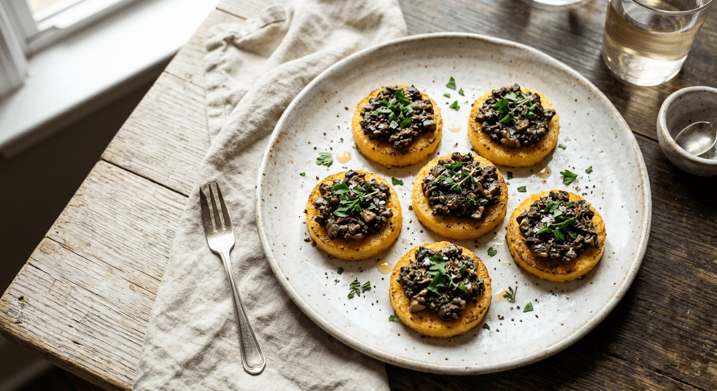 Polenta Crostini with Mushroom Tapenade