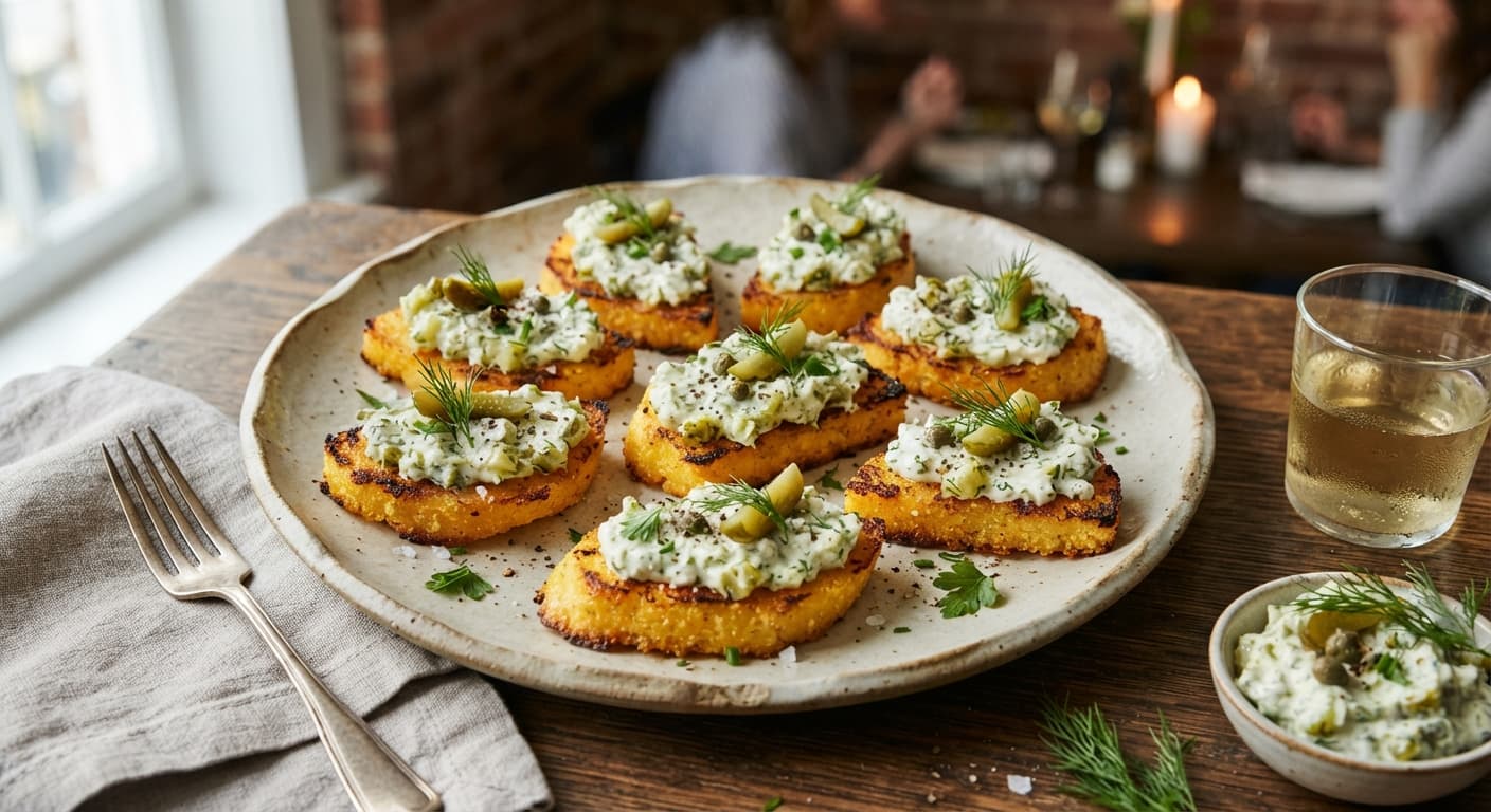 Polenta Crostini with Pickle-Herb Spread