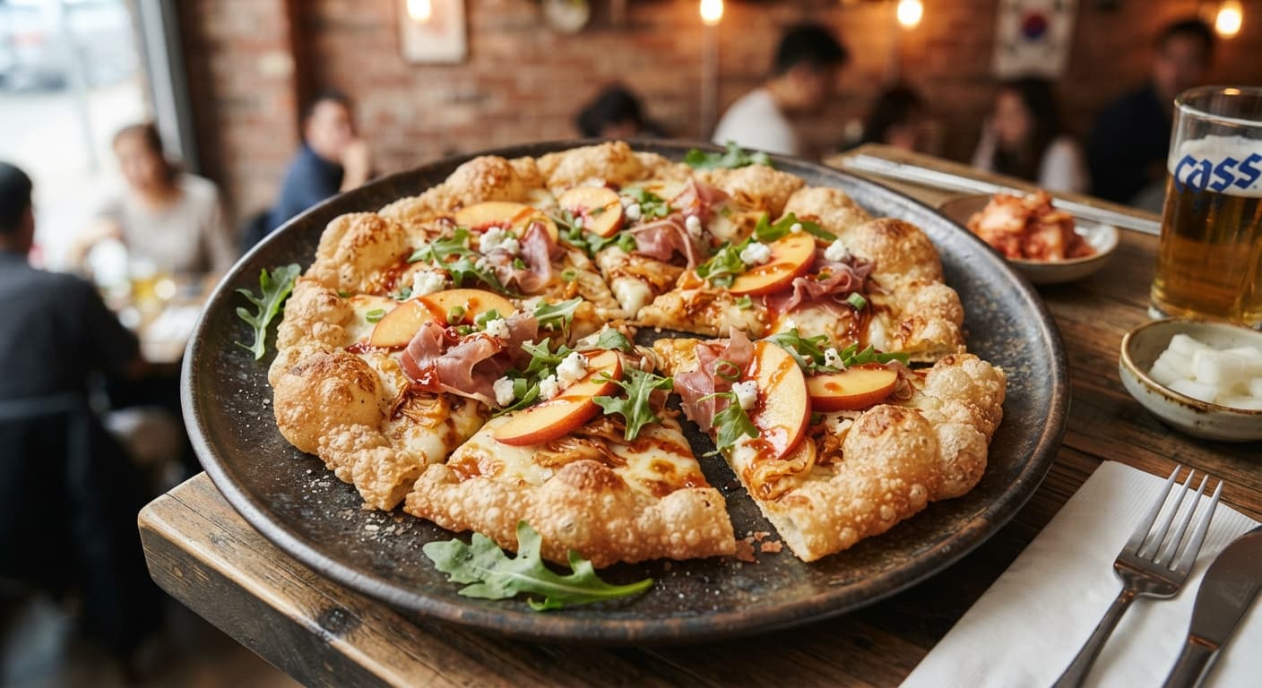 Prosciutto‑Peach Pizza on Pork‑Rind Crust (Korean‑Inspired)