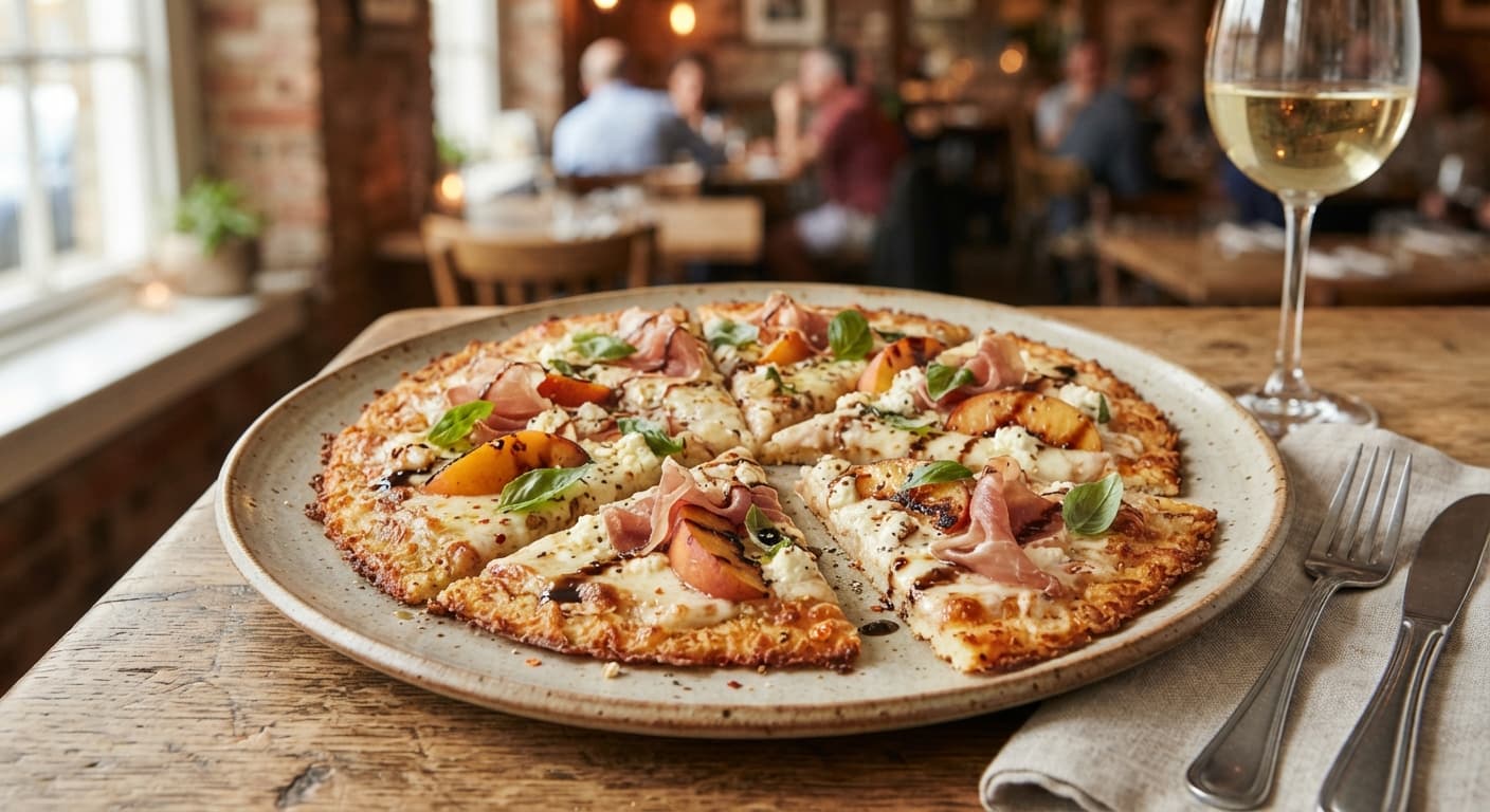 Prosciutto‑Peach Pizza with Creamy Feta & Basil (American Low‑Carb)
