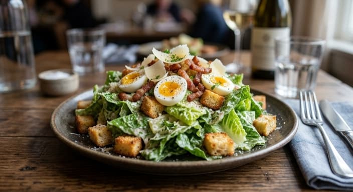 Quail Egg Caesar Salad with Crispy Croutons
