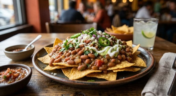 Ranchero Beans over Crispy Tortilla Chips