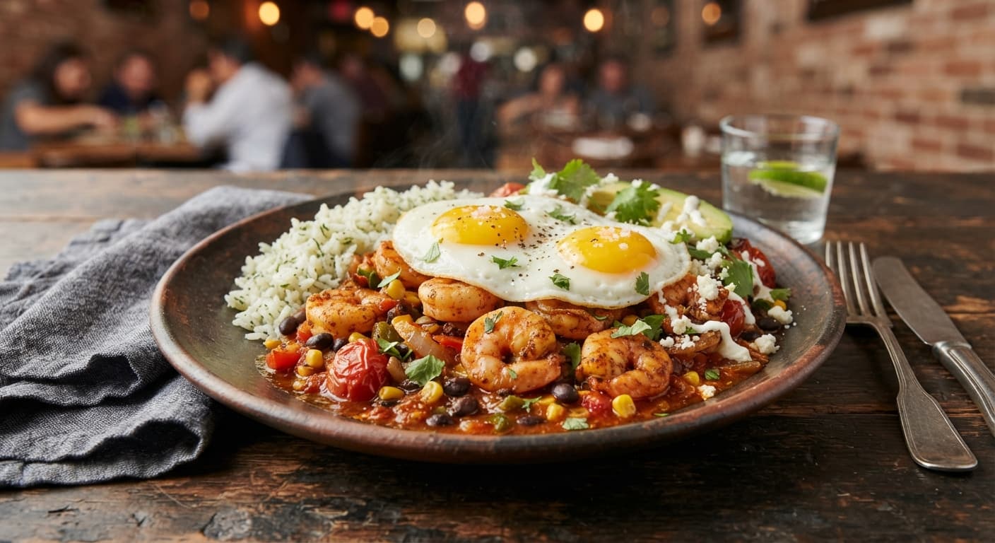 Ranchero Shrimp Skillet with Rice and Soft Eggs