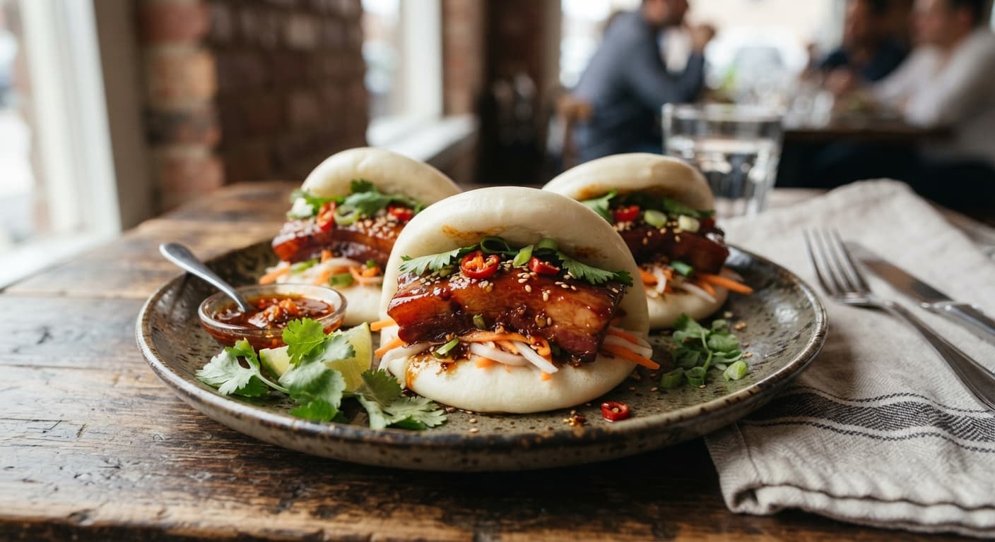 Red-Braised Pork Belly Bao with Chili Garlic Glaze