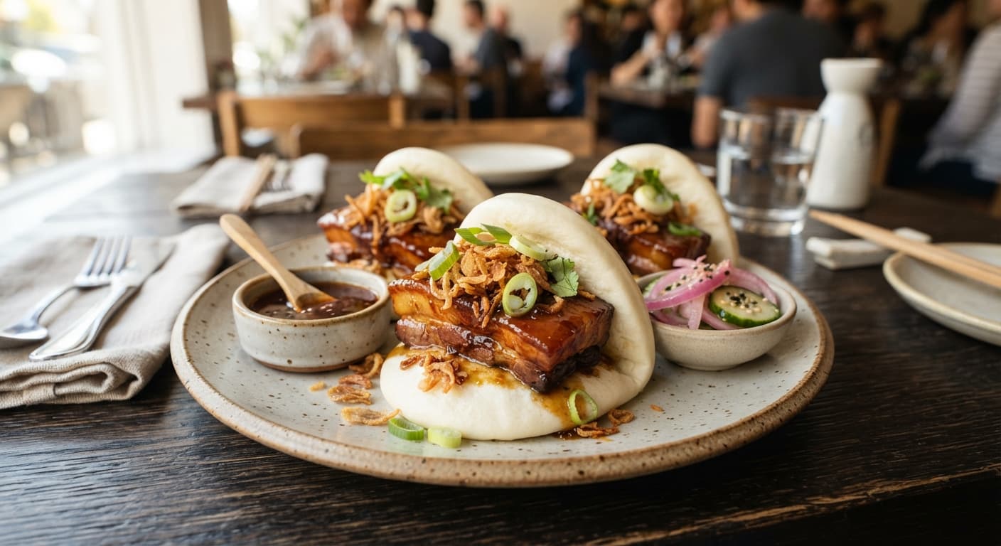 Red-Braised Pork Belly Bao with Plum-Ginger Glaze and Crispy Shallots