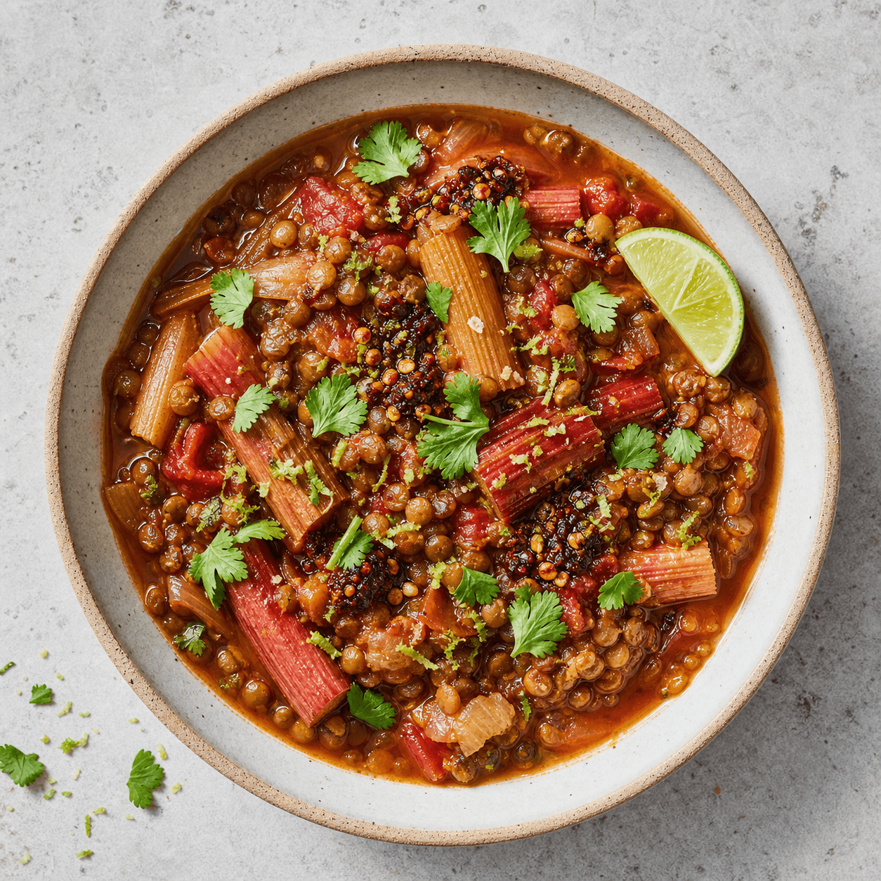 Rhubarb Lentil Stew with Chili Crisp & Lime