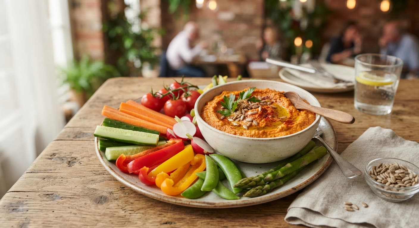 Roasted Red Pepper and Sunflower Seed Dip with Fresh Vegetable Platter