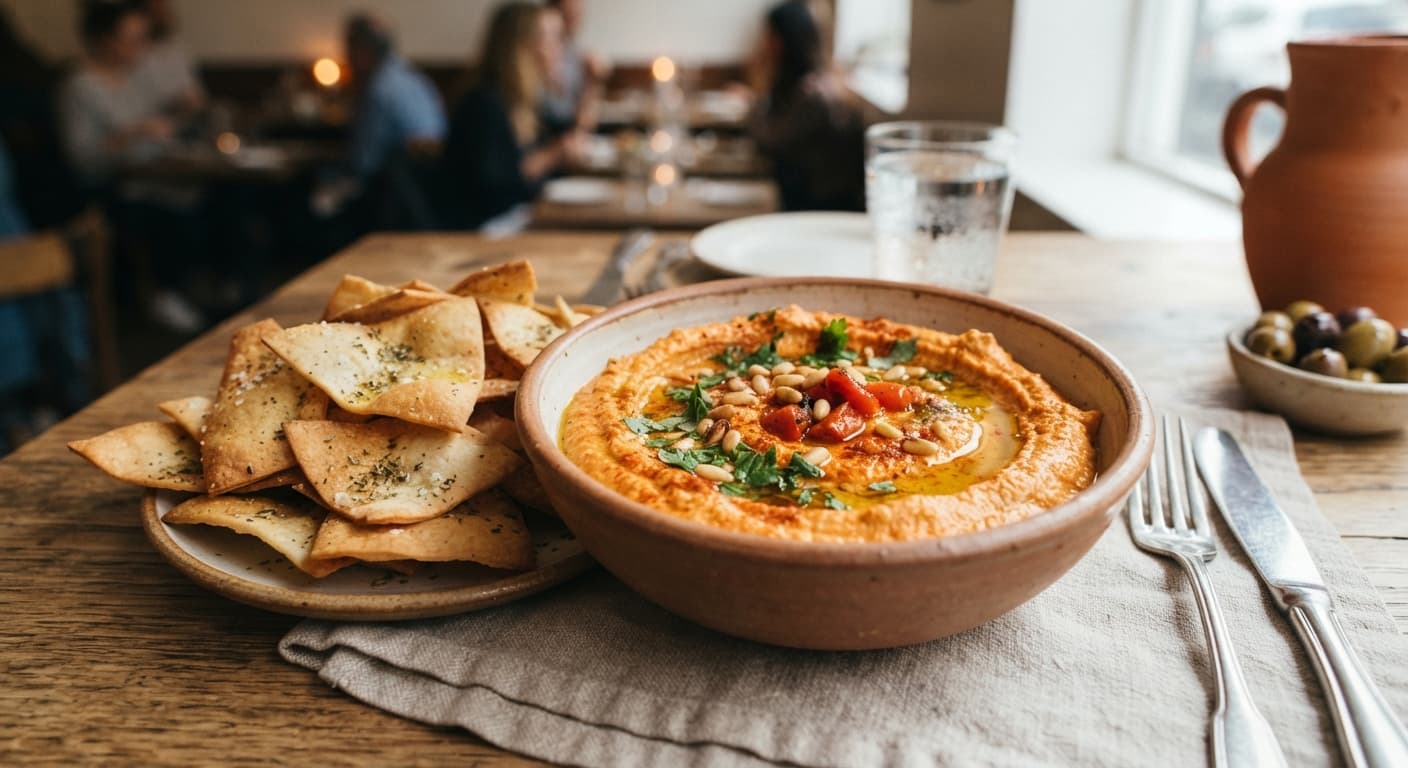 Roasted Red Pepper Hummus with Pita Chips