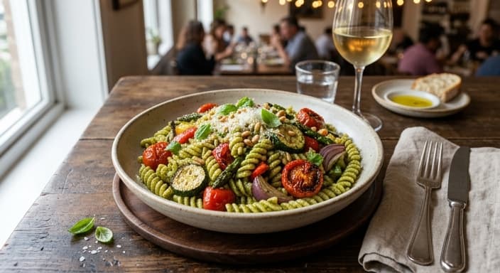 Roasted Veggie Pesto Pasta with Cherry Tomatoes