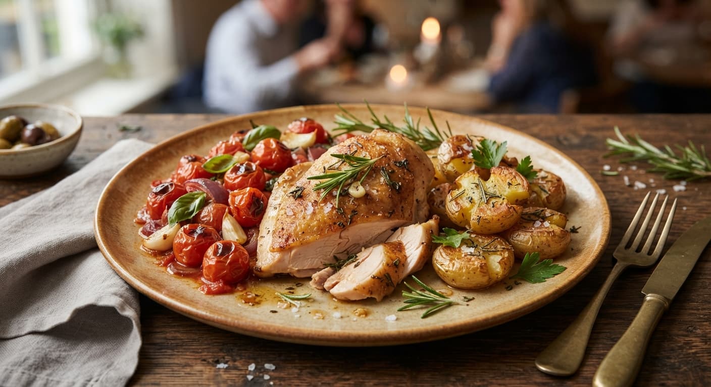 Rosemary Chicken with Braised Tomatoes and Crispy Potatoes