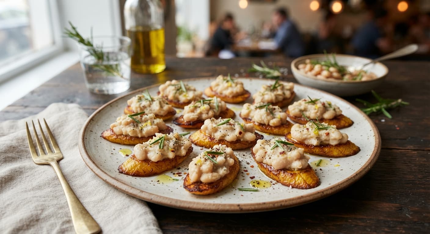 Rosemary White Bean Crostini-Style Bites on Roasted Plantain Slices