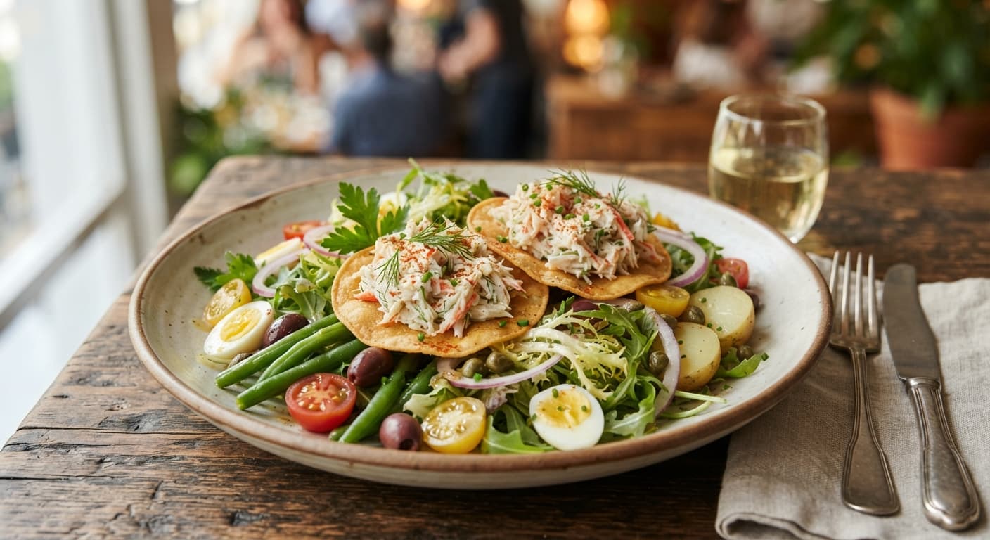 Salade Niçoise with Imitation Crab Tostada Croutons