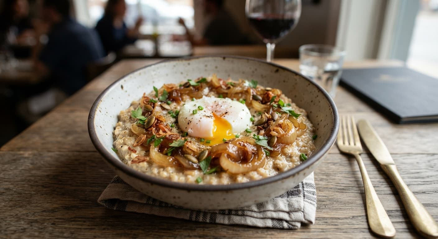 Savory Egg-Topped Oat Porridge with Sweet Onion