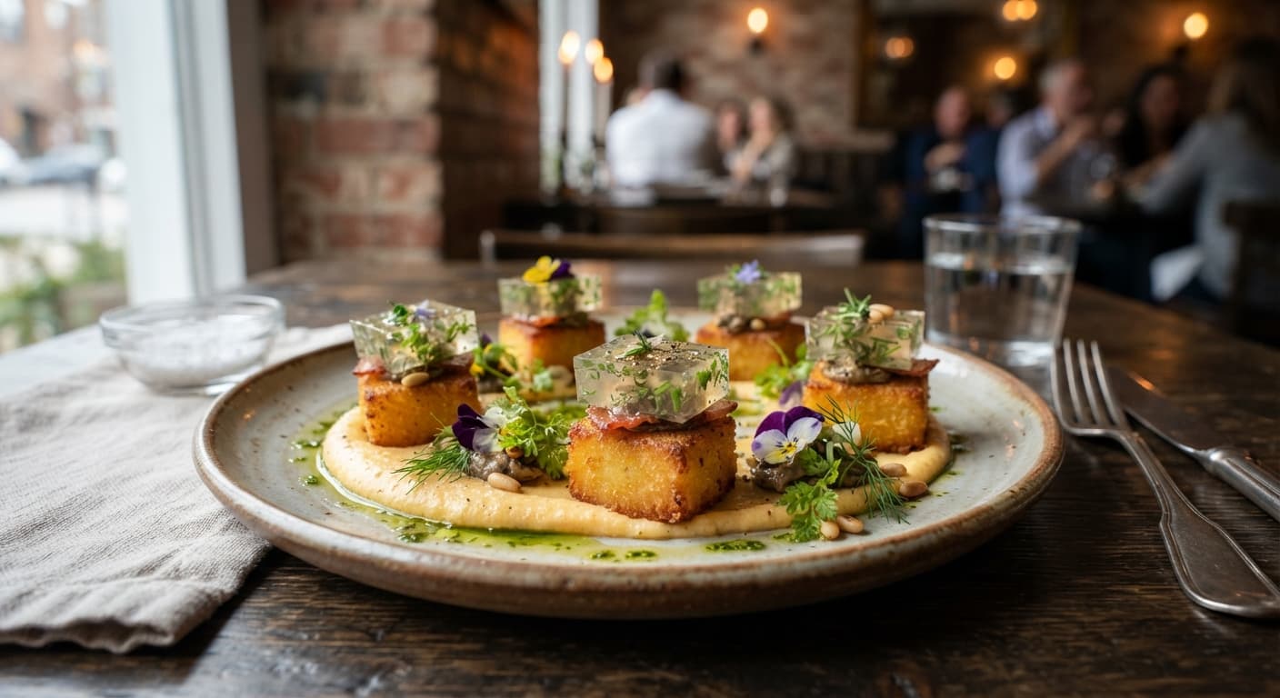 Savory Polenta Bites with Herbed Gelatin Set