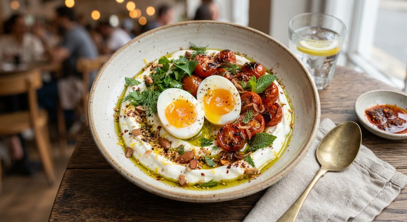 Savory Yogurt Bowl with Jammy Eggs and Tomatoes