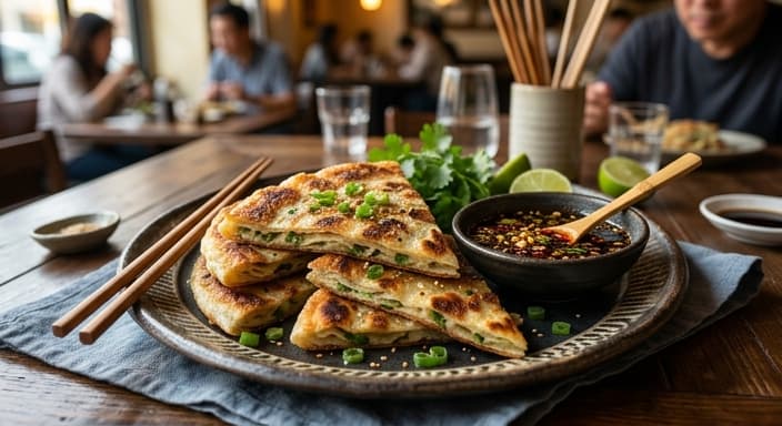Scallion Pancake with Soy-Garlic Dipping Sauce