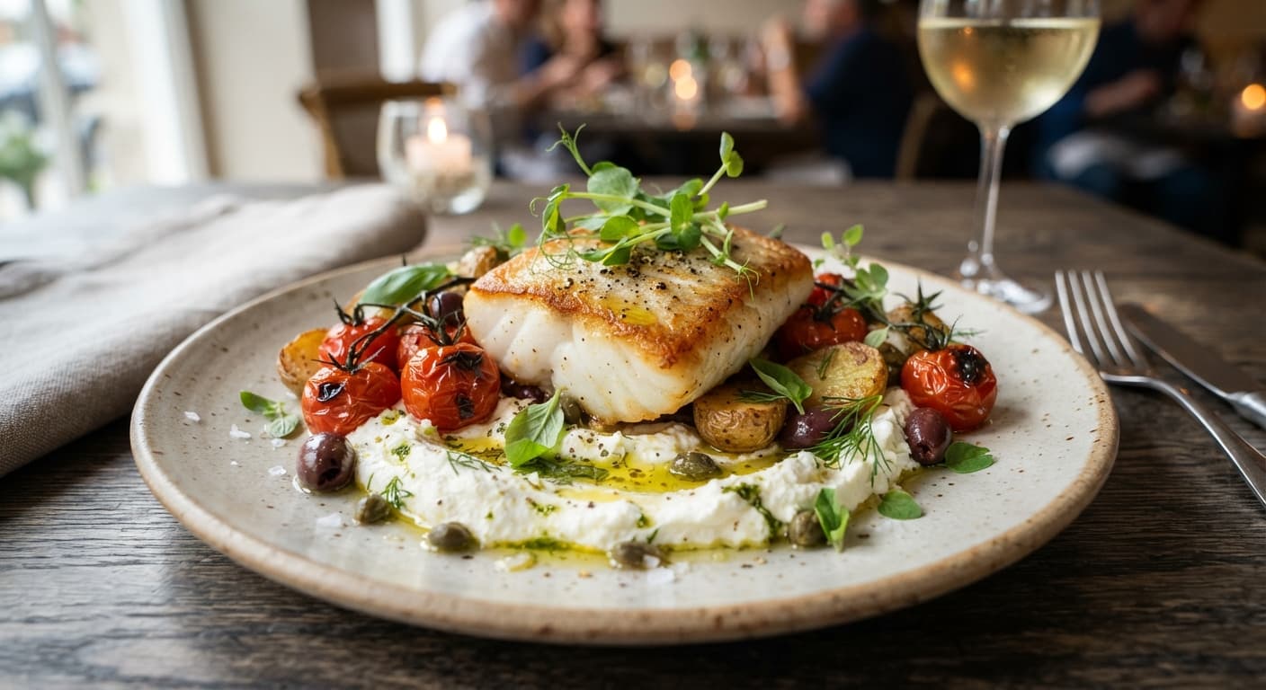 Seared Halibut with Whipped Feta and Roasted Cherry Tomatoes