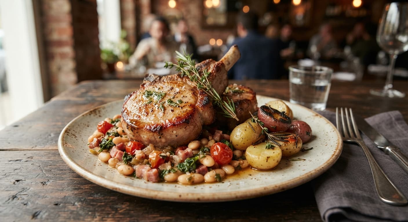 Seared Pork Chops with Northern Beans and Potatoes