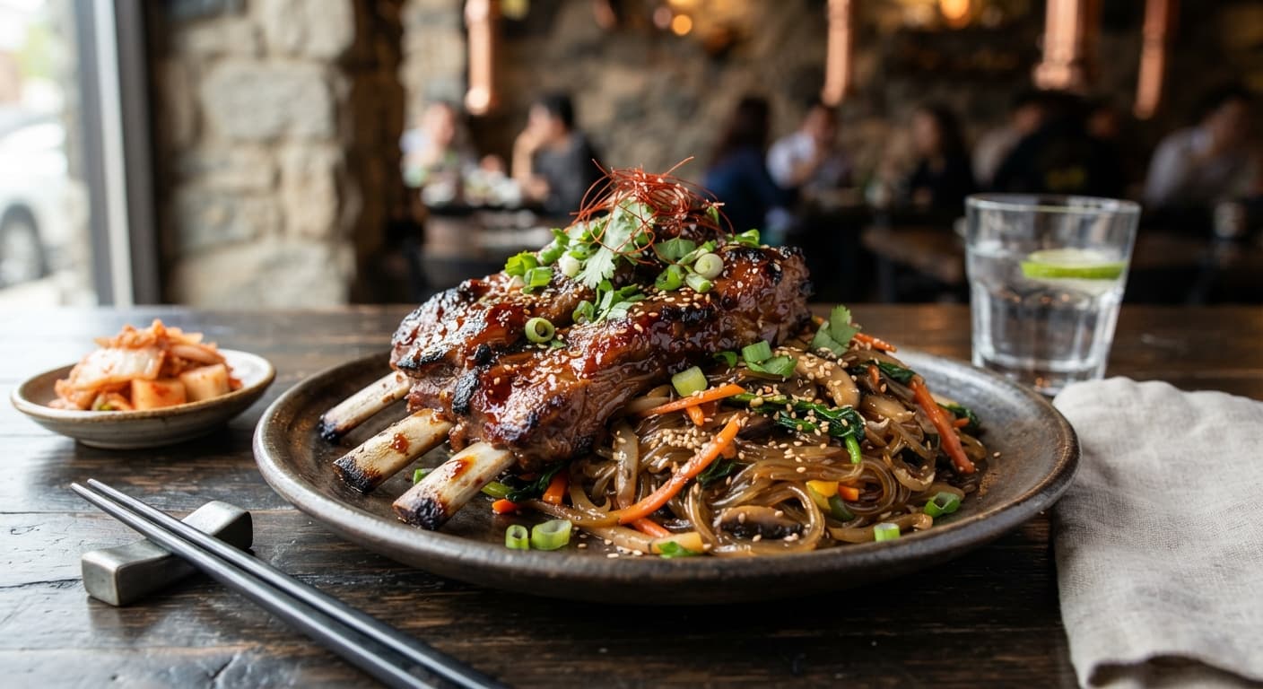 Seoul-Style Gochugaru Glazed Lamb Ribs with Sweet Potato Glass Noodles