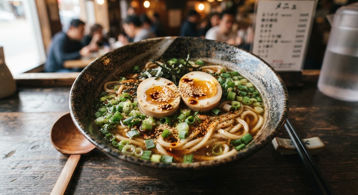 Sesame‑Oil Ramen Egg with Scallions