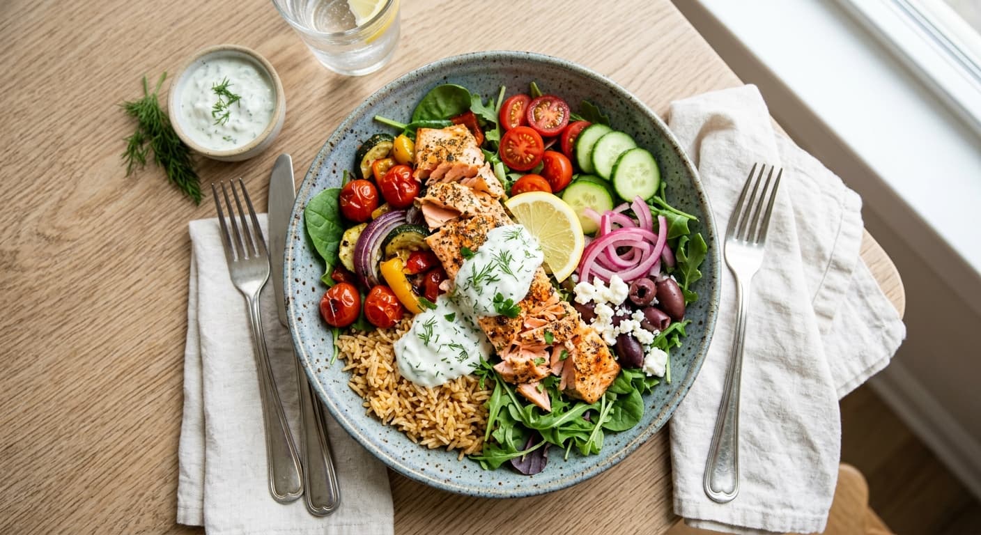Sheet Pan Salmon Gyro Bowls
