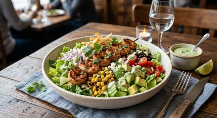 Shrimp Taco Salad with Avocado Lime Dressing