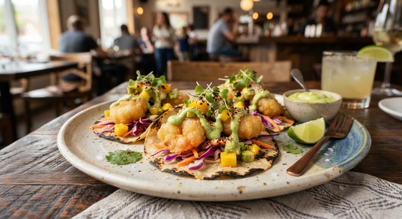 Shrimp Tempura Tacos with Avocado Crema