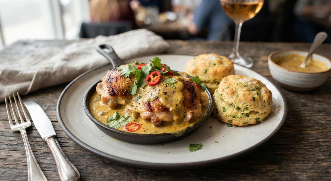 Skillet Chicken and Coconut Gravy with Coconut Flour Chive Biscuits