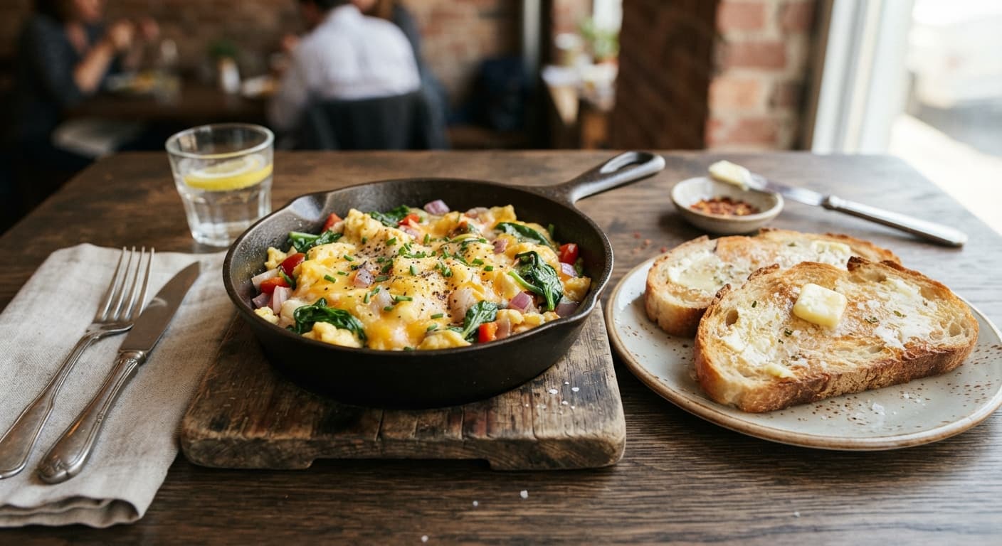 Skillet Spinach and Cheddar Egg Scramble with Toast