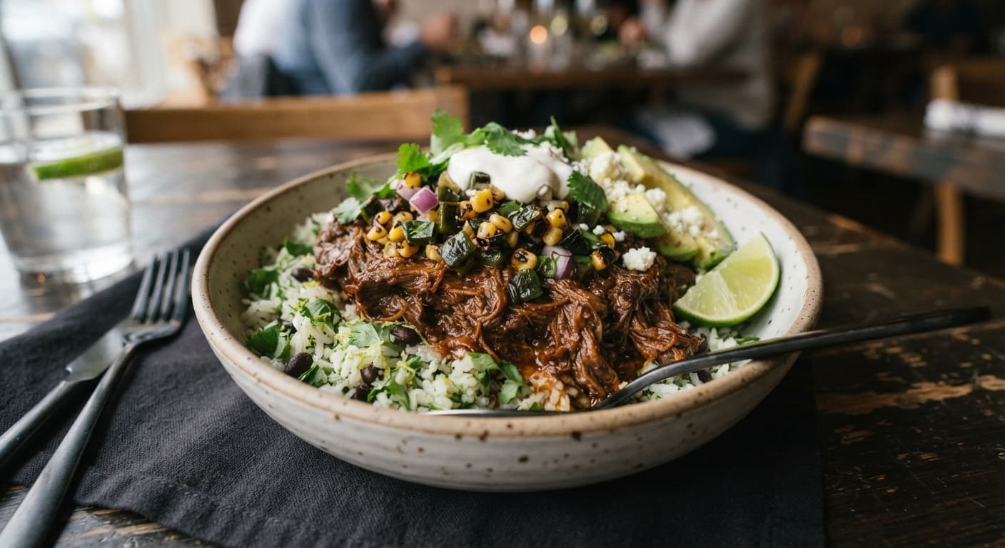 Slow-Braised Chile Beef Bowls with Cilantro-Lime Rice and Charred Poblano Salsa