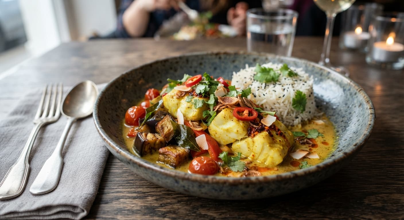 Slow-Braised Coconut Cod Curry with Roasted Eggplant