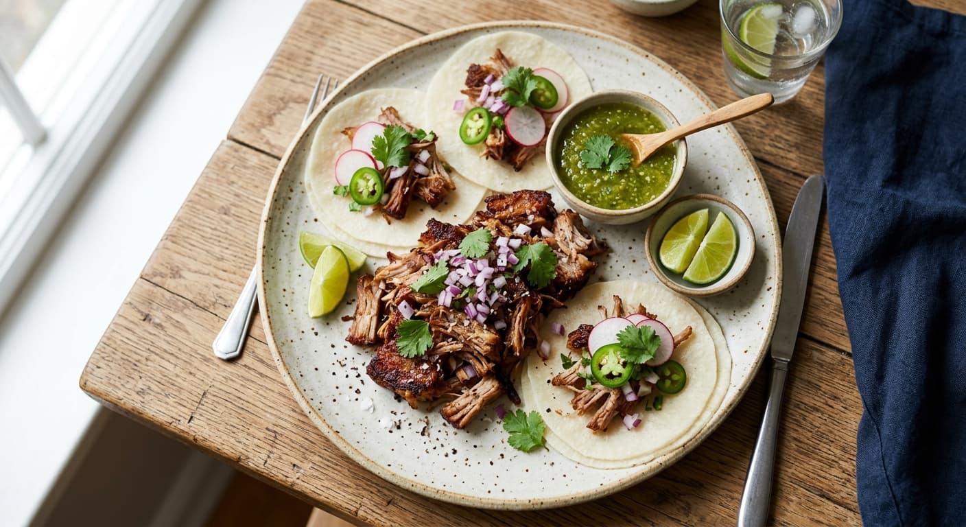Slow-Roasted Pork Belly Carnitas with Jicama Tortillas