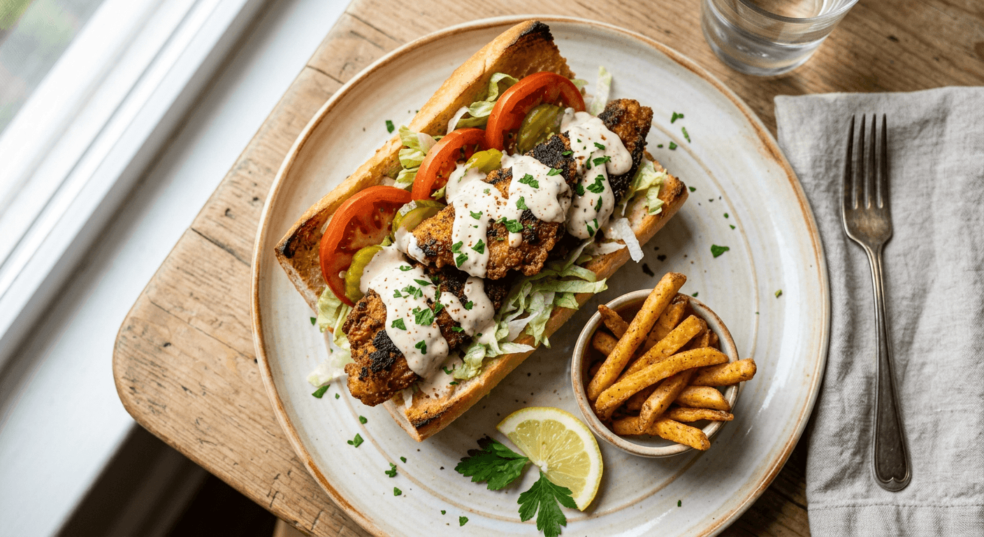 Smoked Catfish Po' Boy with White BBQ Sauce
