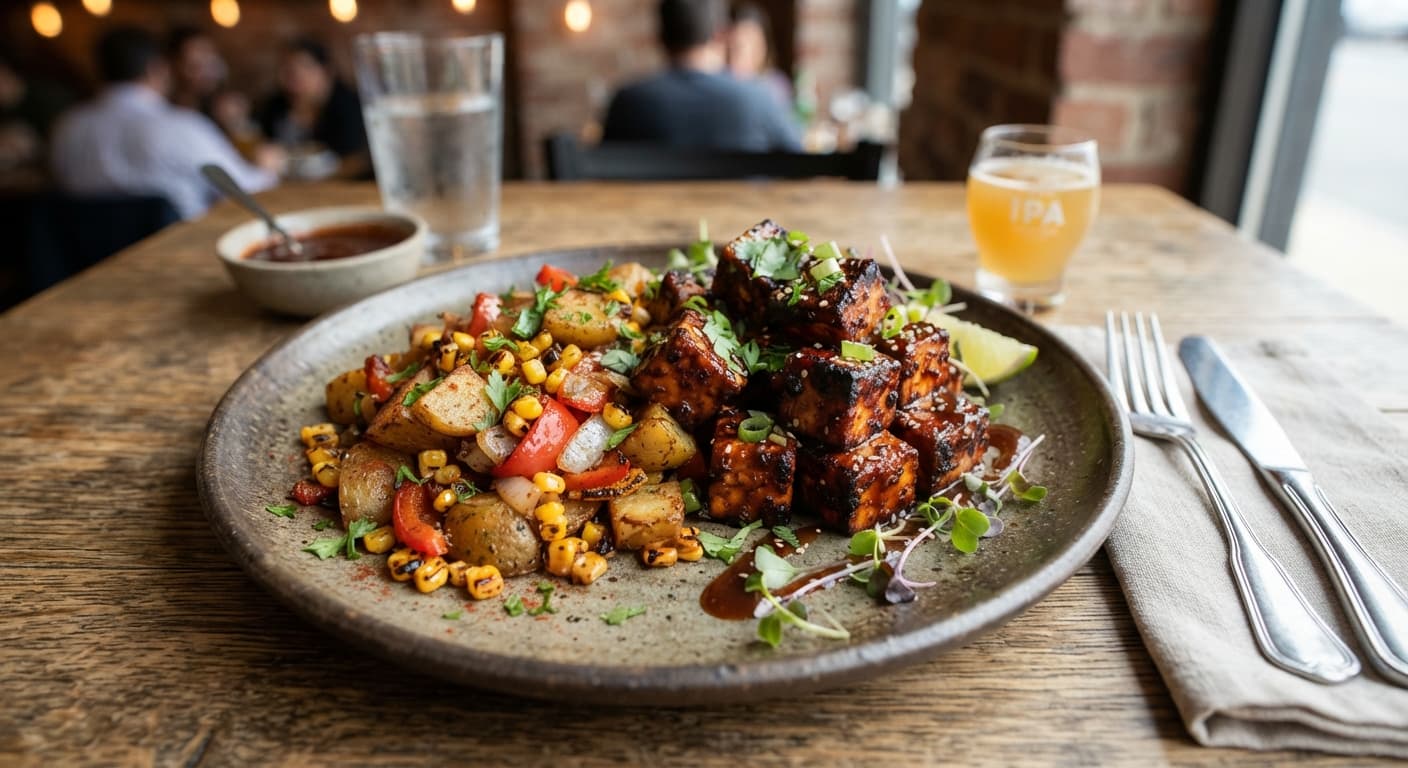 Smoky BBQ Tofu with Charred Corn and Potato Hash