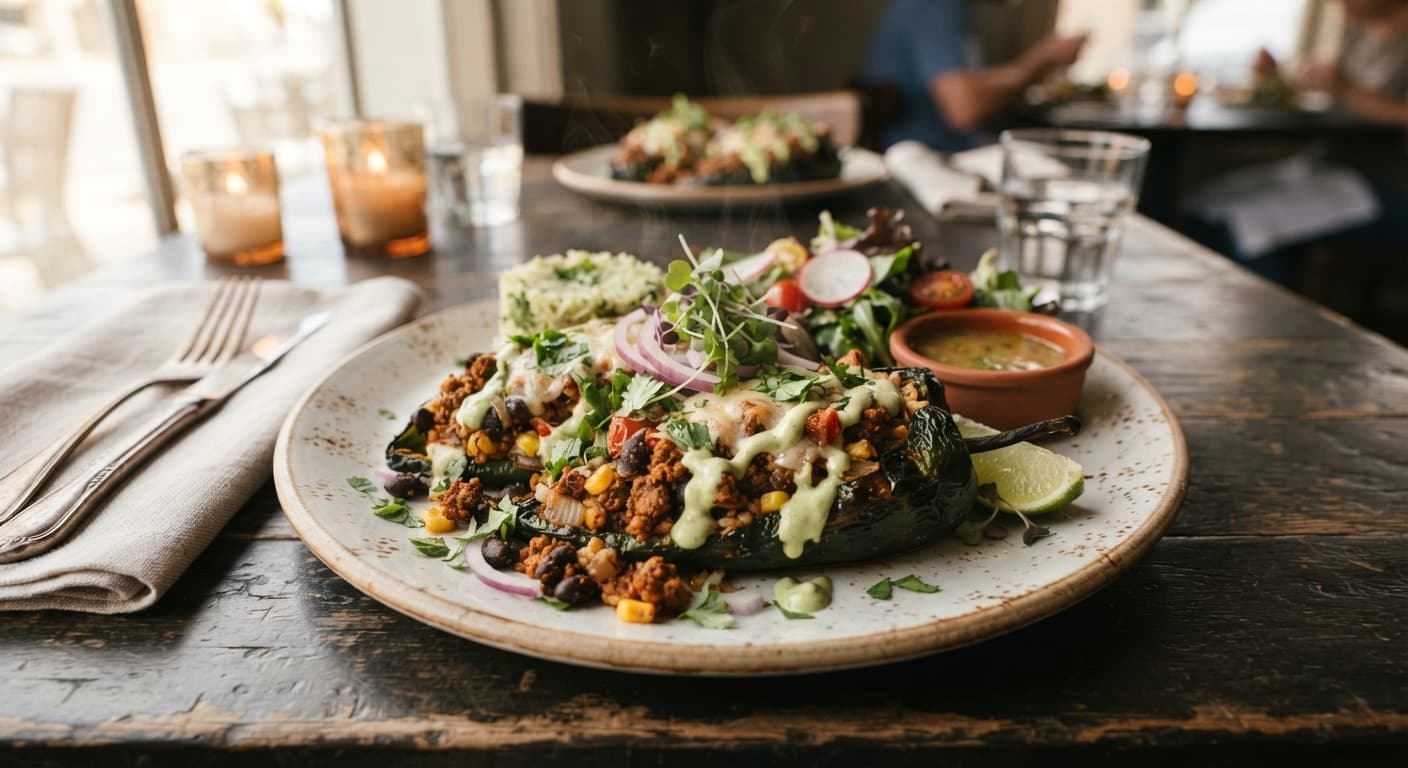 Smoky Black Bean and Chorizo-Style Stuffed Poblanos