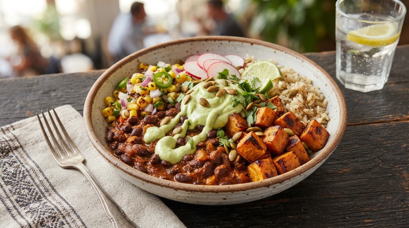Smoky Black Bean and Sweet Potato Bowl with Avocado Crema
