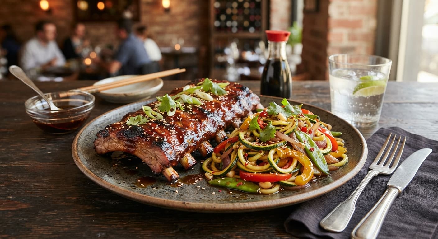 Smoky Teriyaki Ribs with Zucchini‑Noodle Stir‑Fry