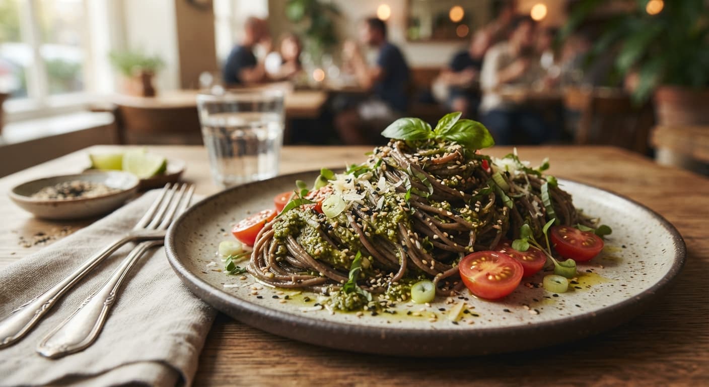 Soba-Style Capellini with Sesame and Basil Pesto