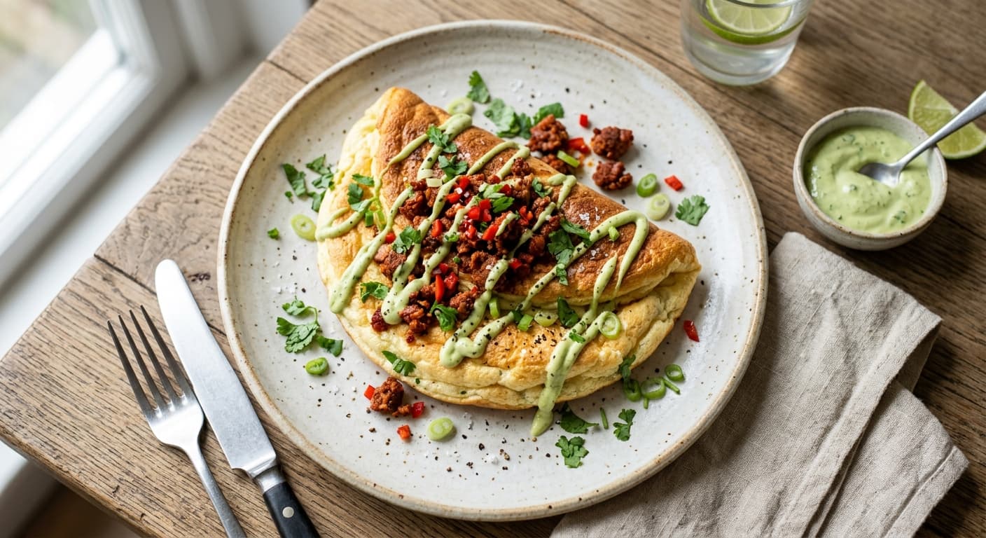 Soufflé Omelet with Spicy Chorizo and Avocado Crema