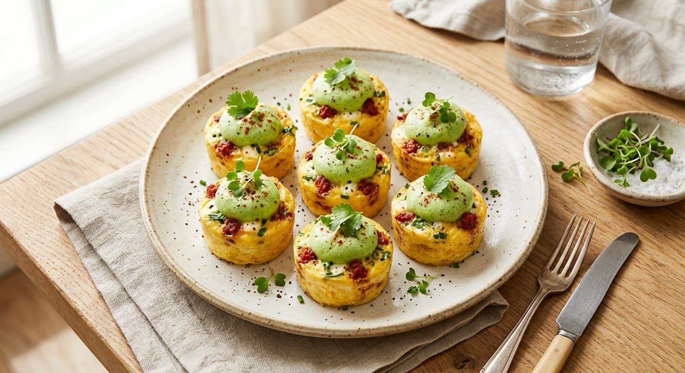 Sous Vide Chorizo and Goat Cheese Egg Bites with Avocado Foam