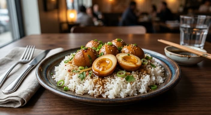 Soy-Ginger Quail Eggs over Steamed Rice