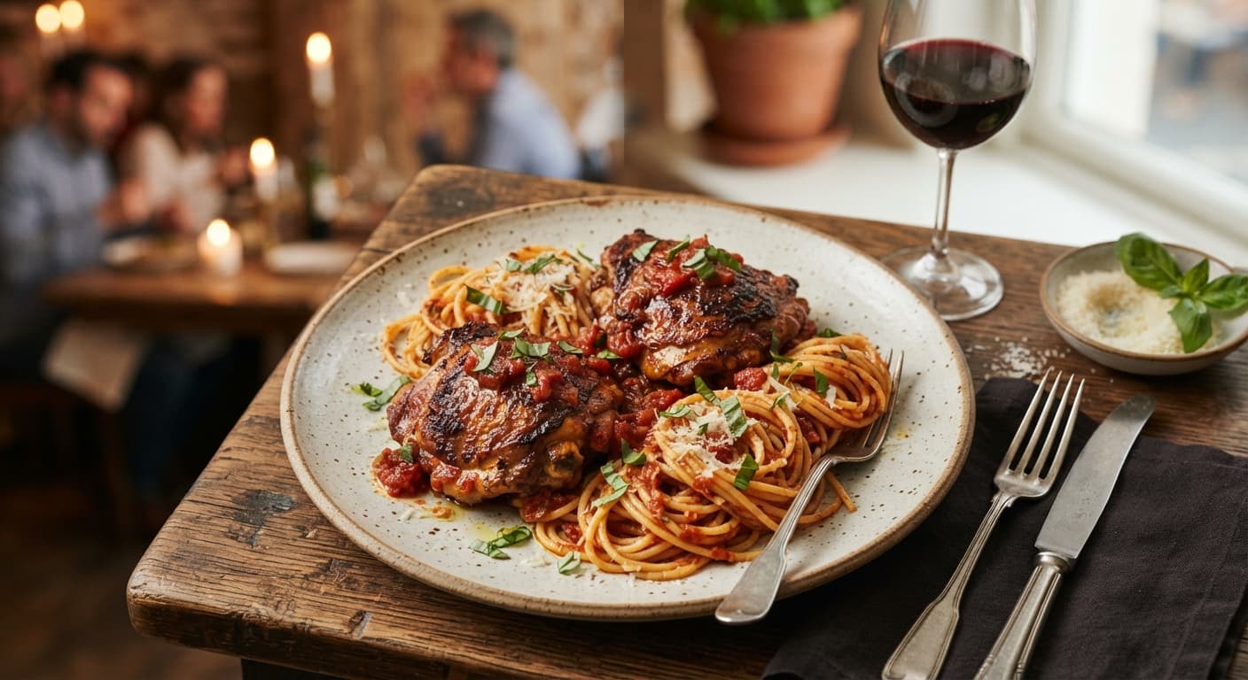 Spaghetti with Braised Chicken Thighs and Tomato Sauce