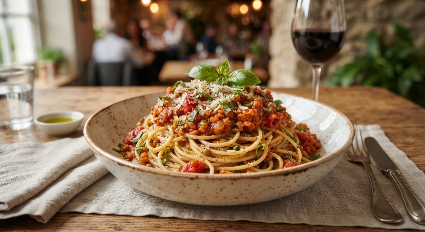 Spaghetti with Garlic Lentil Tomato Ragout