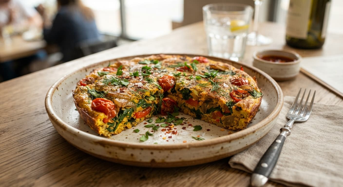 Spiced Chickpea Flour Breakfast Bake with Spinach and Tomatoes