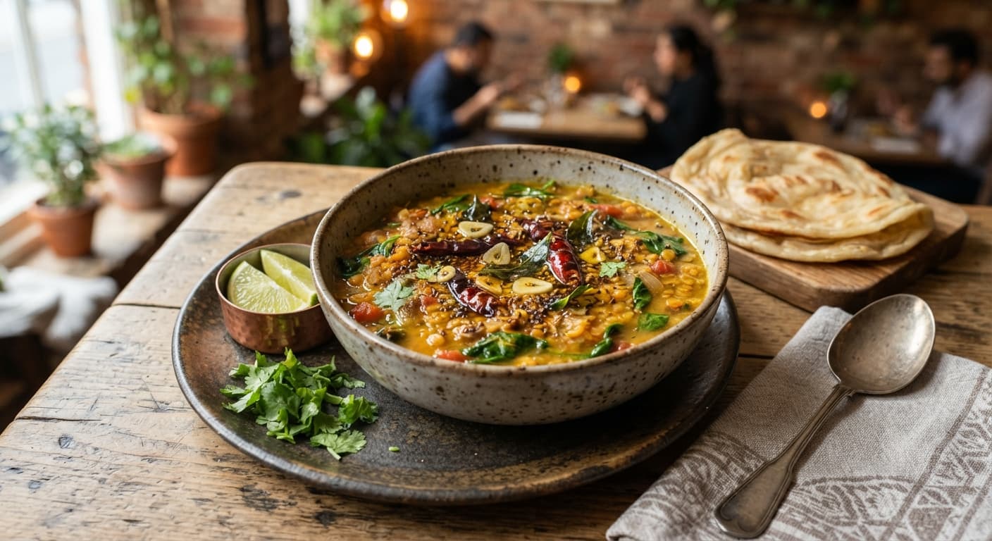 Spiced Red Lentil Dal with Tempered Ghee-Style Oil and Spinach
