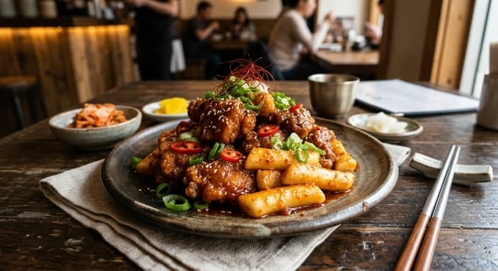 Spicy Chicken Gangjung with Cauliflower Rice Cakes