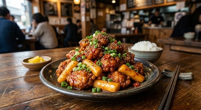 Spicy Chicken Gangjung with Rice Cake and Scallions