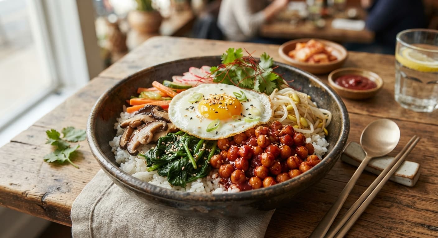 Spicy Chickpea Bibimbap-Style Rice Bowl