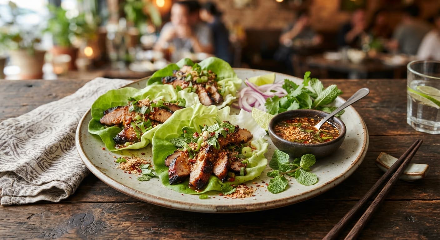 Spicy Grilled Pork “Crying Tiger” Lettuce Wraps