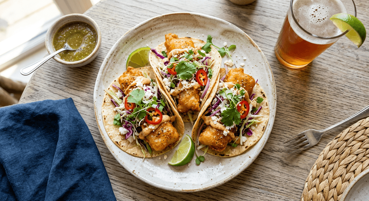 Spicy IPA Battered Halibut Tacos